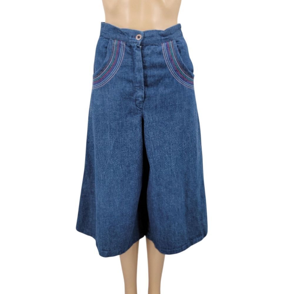 70's Culotte Blue Jean Palazzo Shorts Pants Wide Leg Rainbow Stitching